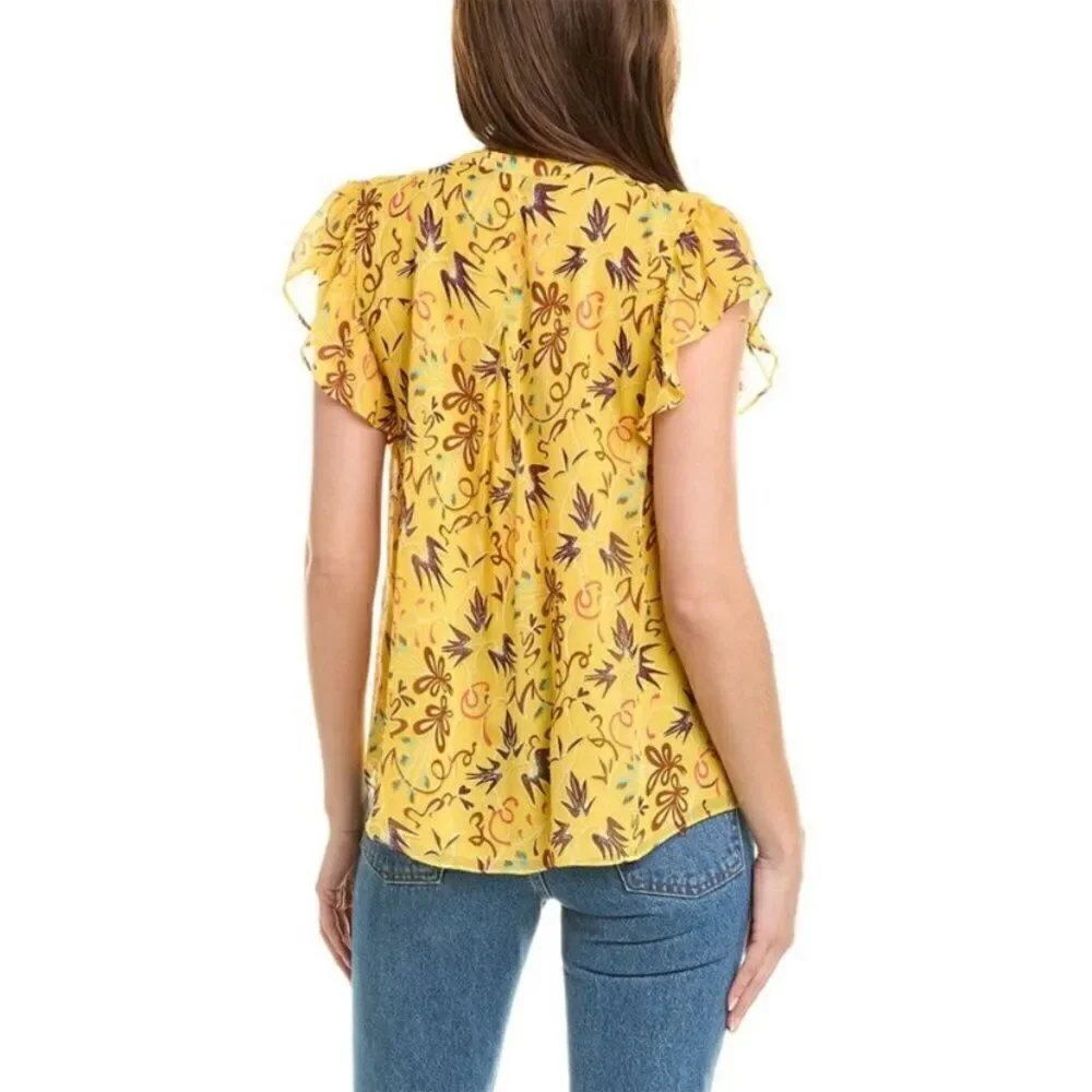 NWT A.L.C. Birds of Paradise 100% Silk Yellow Top Blouse Floral Size M